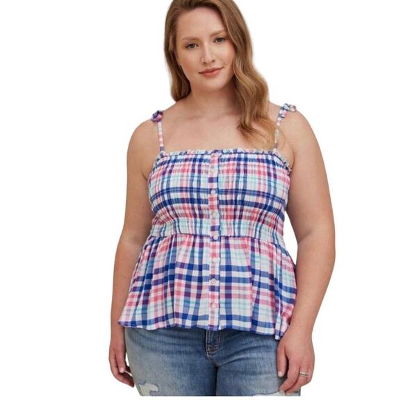 Torrid Blue Check Peplum Smocked Bodice Cami Tie Straps Women's Size Large 14 - Picture 1 of 7